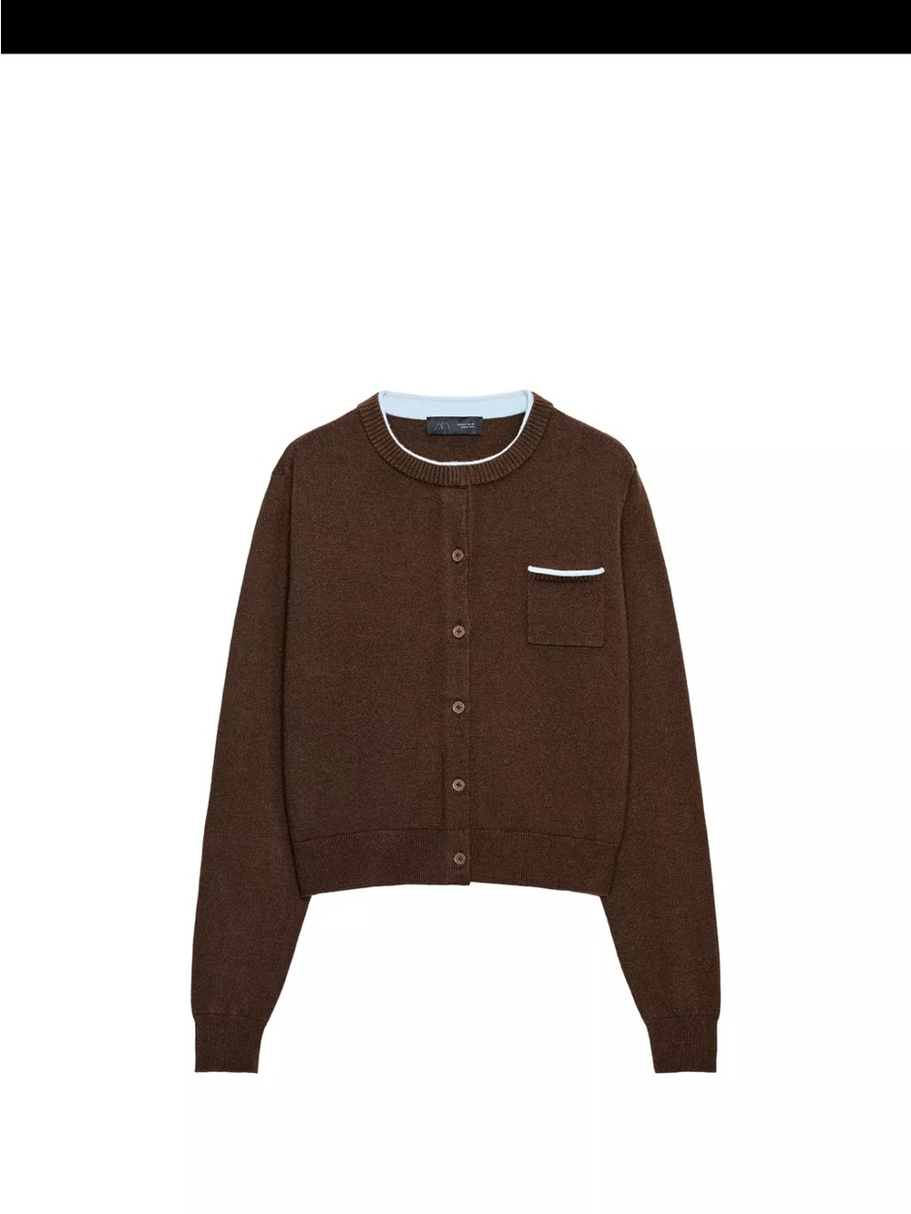 Zara Brown Crewneck Button-Front Cardigan with White Trim